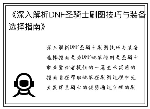 《深入解析DNF圣骑士刷图技巧与装备选择指南》